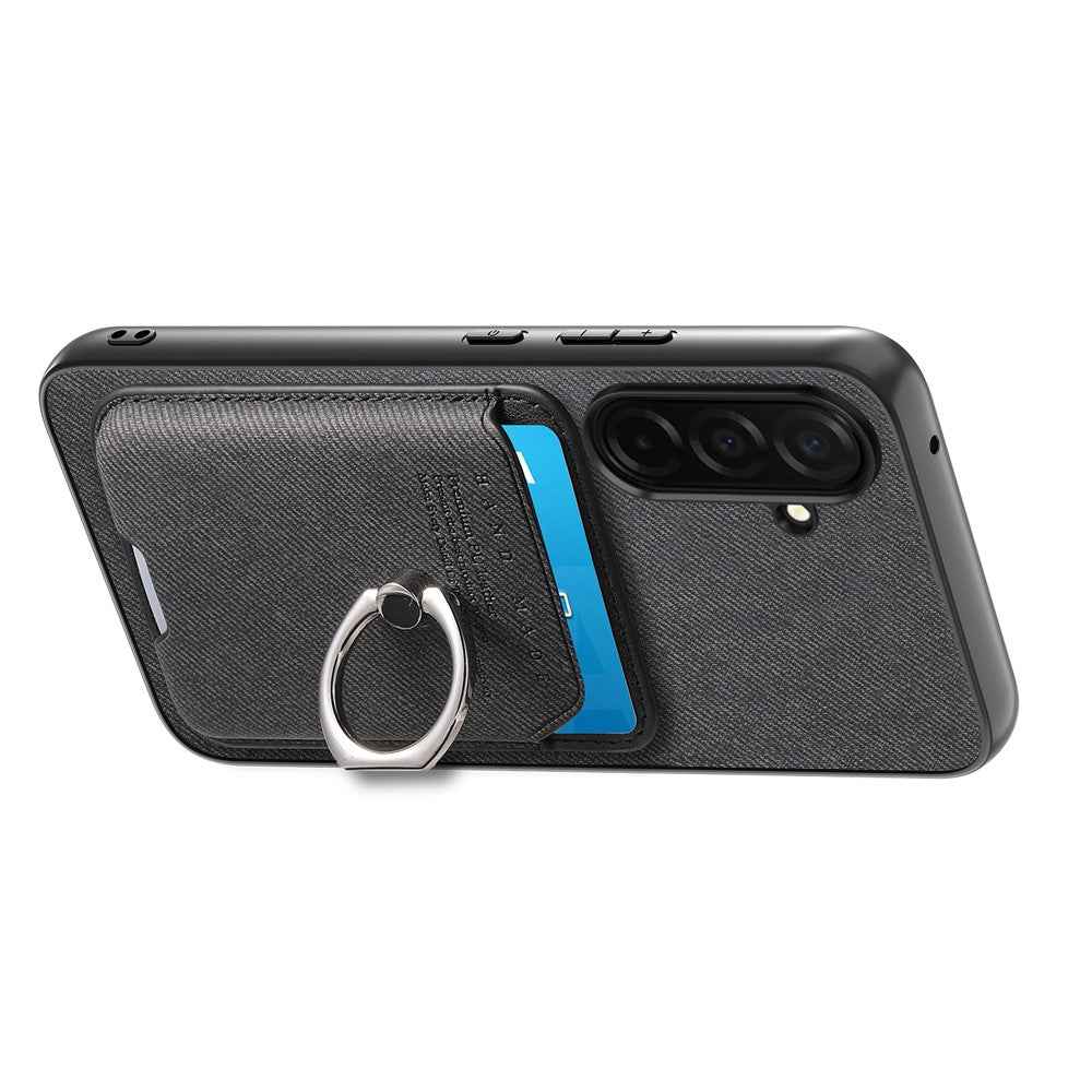 For Samsung Galaxy A57 5G Case Cloth Texture  Leather + PC + TPU Phone Cover with Detachable Magnetic Ring Kickstand Card Holder - Black