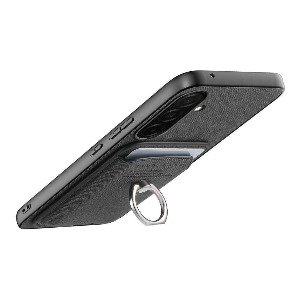 For Samsung Galaxy A57 5G Case Cloth Texture  Leather + PC + TPU Phone Cover with Detachable Magnetic Ring Kickstand Card Holder - Black