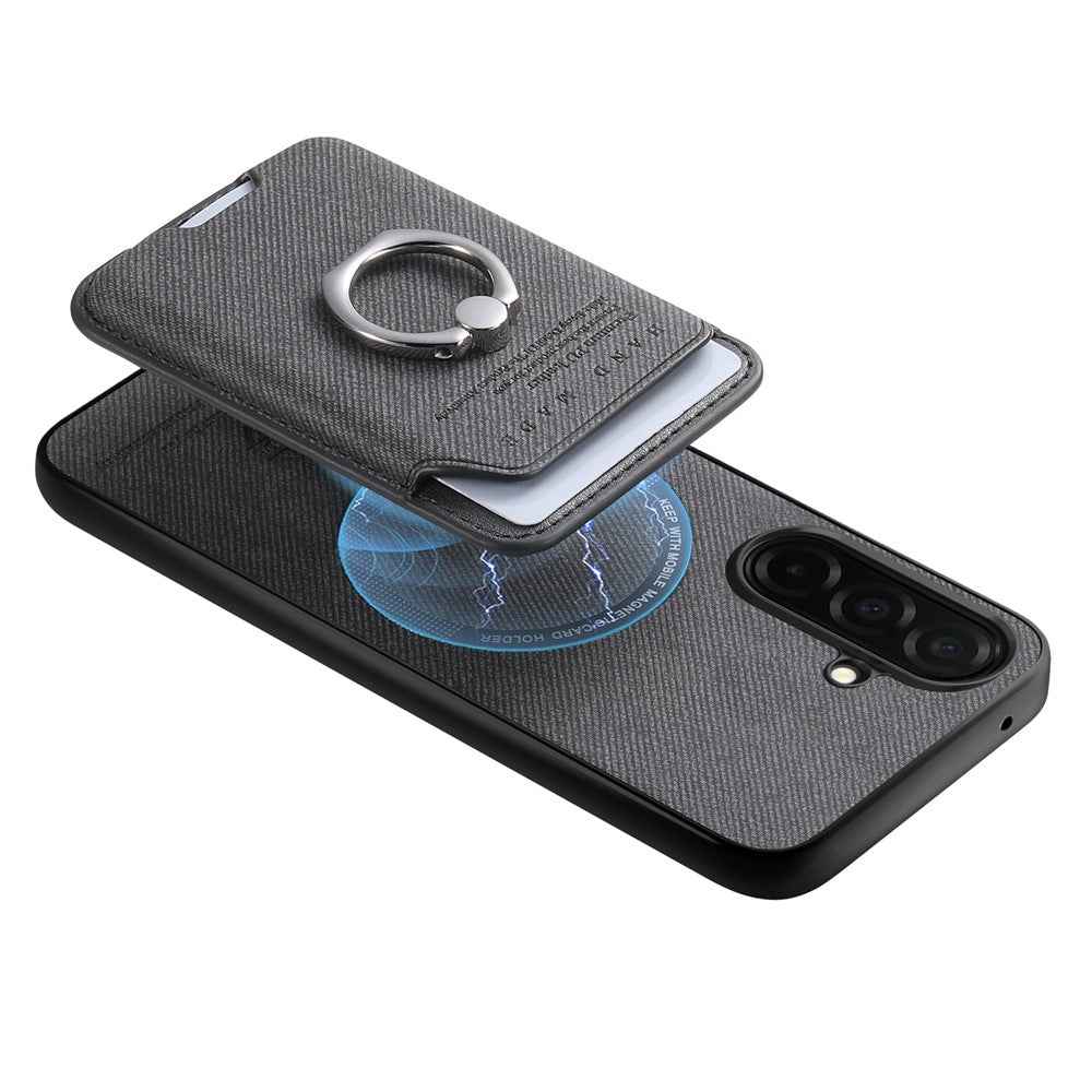 For Samsung Galaxy A57 5G Case Cloth Texture  Leather + PC + TPU Phone Cover with Detachable Magnetic Ring Kickstand Card Holder - Black