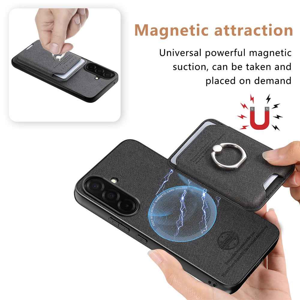 For Samsung Galaxy A57 5G Case Cloth Texture  Leather + PC + TPU Phone Cover with Detachable Magnetic Ring Kickstand Card Holder - Black
