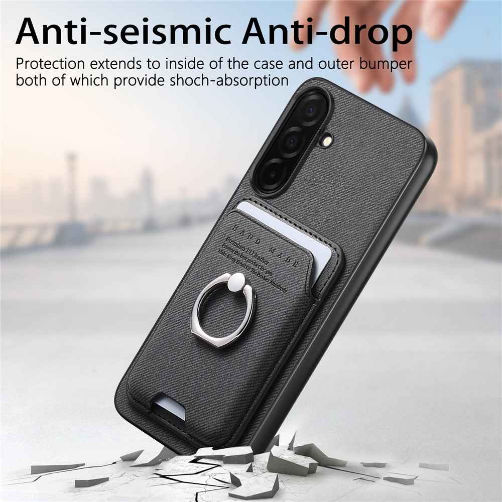 For Samsung Galaxy A57 5G Case Cloth Texture  Leather + PC + TPU Phone Cover with Detachable Magnetic Ring Kickstand Card Holder - Black