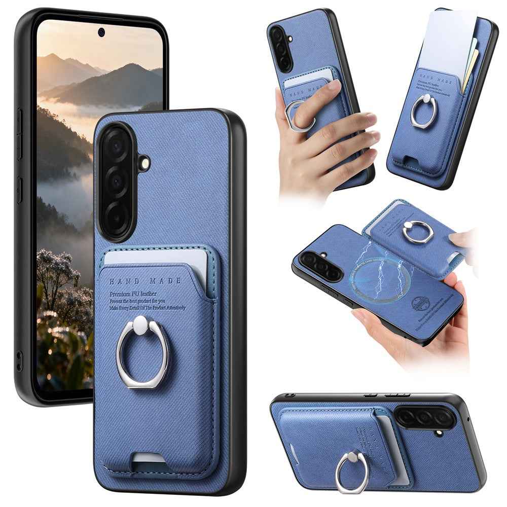 For Samsung Galaxy A57 5G Case Cloth Texture  Leather + PC + TPU Phone Cover with Detachable Magnetic Ring Kickstand Card Holder - Blue