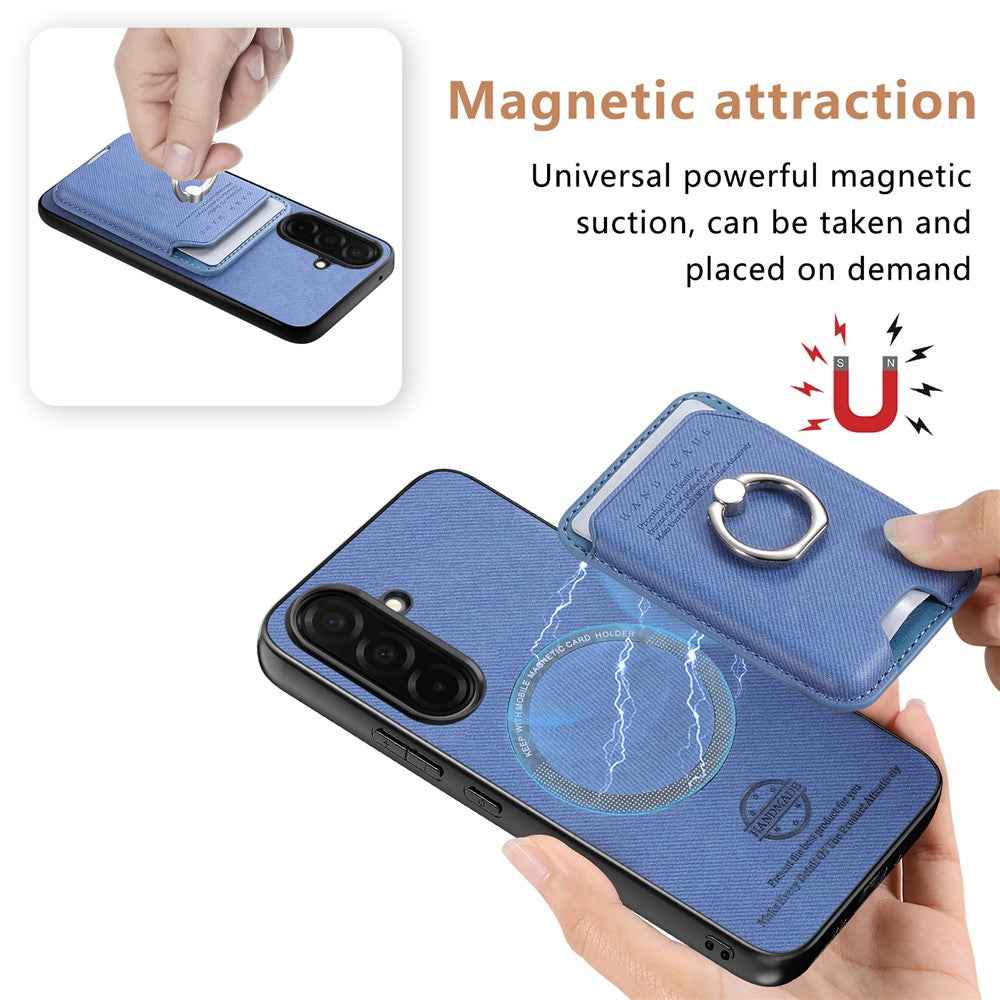 For Samsung Galaxy A57 5G Case Cloth Texture  Leather + PC + TPU Phone Cover with Detachable Magnetic Ring Kickstand Card Holder - Blue