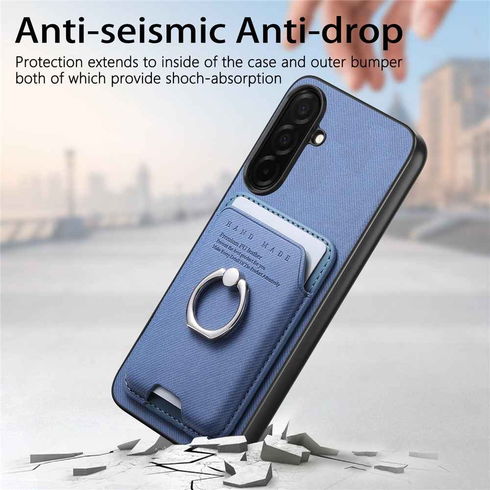 For Samsung Galaxy A57 5G Case Cloth Texture  Leather + PC + TPU Phone Cover with Detachable Magnetic Ring Kickstand Card Holder - Blue