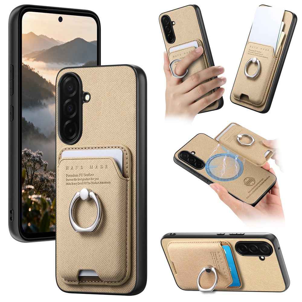 For Samsung Galaxy A57 5G Case Cloth Texture  Leather + PC + TPU Phone Cover with Detachable Magnetic Ring Kickstand Card Holder - Khaki