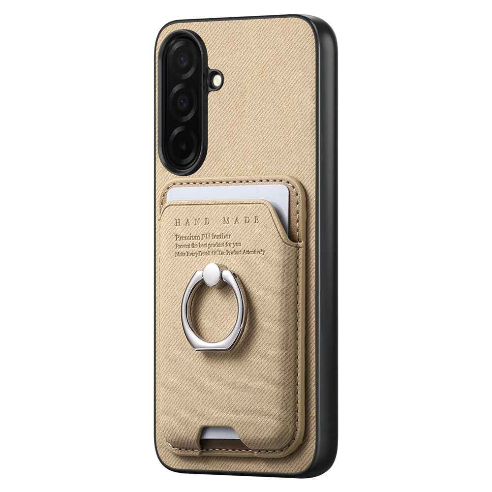 For Samsung Galaxy A57 5G Case Cloth Texture  Leather + PC + TPU Phone Cover with Detachable Magnetic Ring Kickstand Card Holder - Khaki