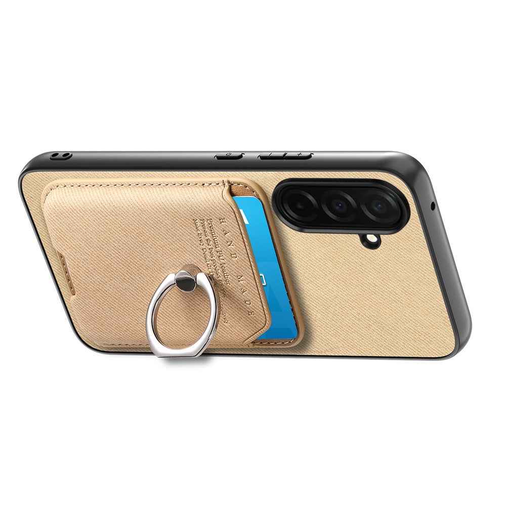 For Samsung Galaxy A57 5G Case Cloth Texture  Leather + PC + TPU Phone Cover with Detachable Magnetic Ring Kickstand Card Holder - Khaki