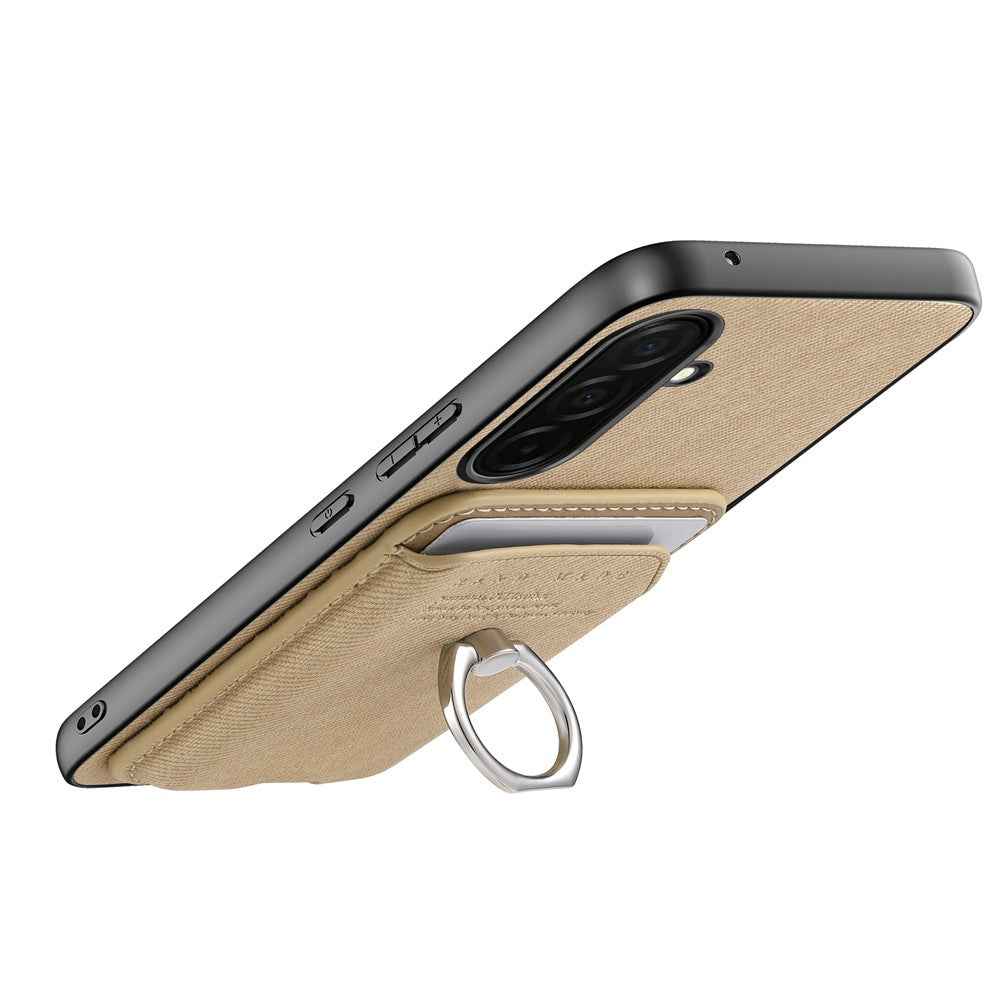For Samsung Galaxy A57 5G Case Cloth Texture  Leather + PC + TPU Phone Cover with Detachable Magnetic Ring Kickstand Card Holder - Khaki