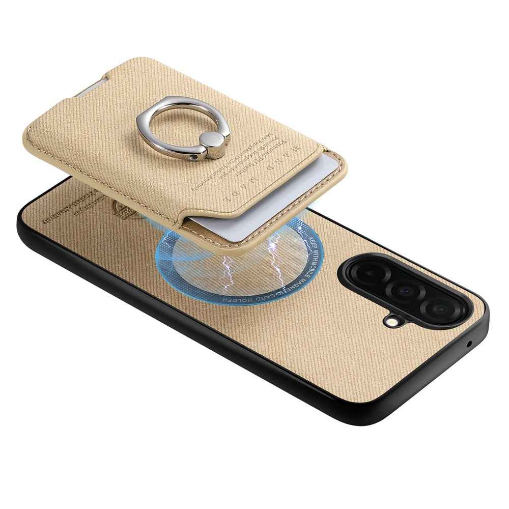 For Samsung Galaxy A57 5G Case Cloth Texture  Leather + PC + TPU Phone Cover with Detachable Magnetic Ring Kickstand Card Holder - Khaki
