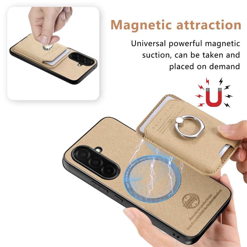 For Samsung Galaxy A57 5G Case Cloth Texture  Leather + PC + TPU Phone Cover with Detachable Magnetic Ring Kickstand Card Holder - Khaki