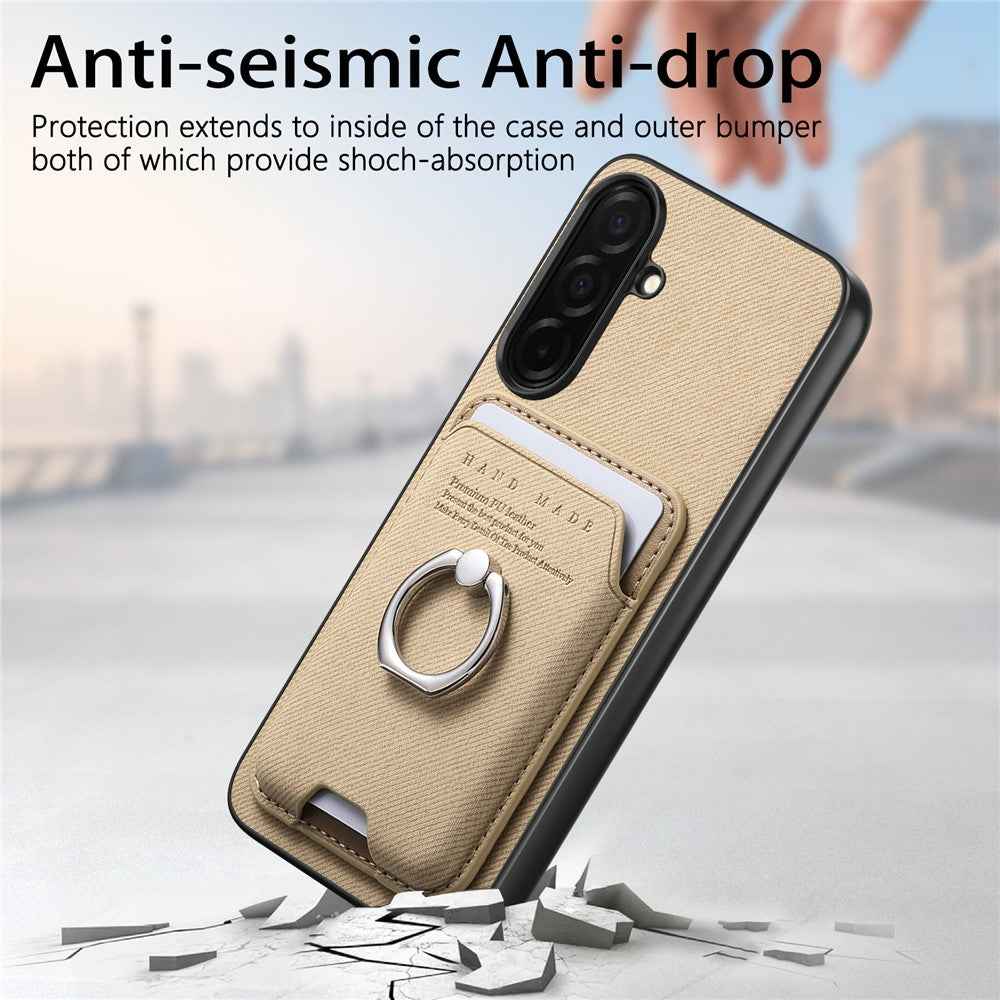 For Samsung Galaxy A57 5G Case Cloth Texture  Leather + PC + TPU Phone Cover with Detachable Magnetic Ring Kickstand Card Holder - Khaki