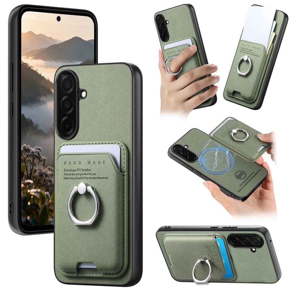 For Samsung Galaxy A57 5G Case Cloth Texture  Leather + PC + TPU Phone Cover with Detachable Magnetic Ring Kickstand Card Holder - Green