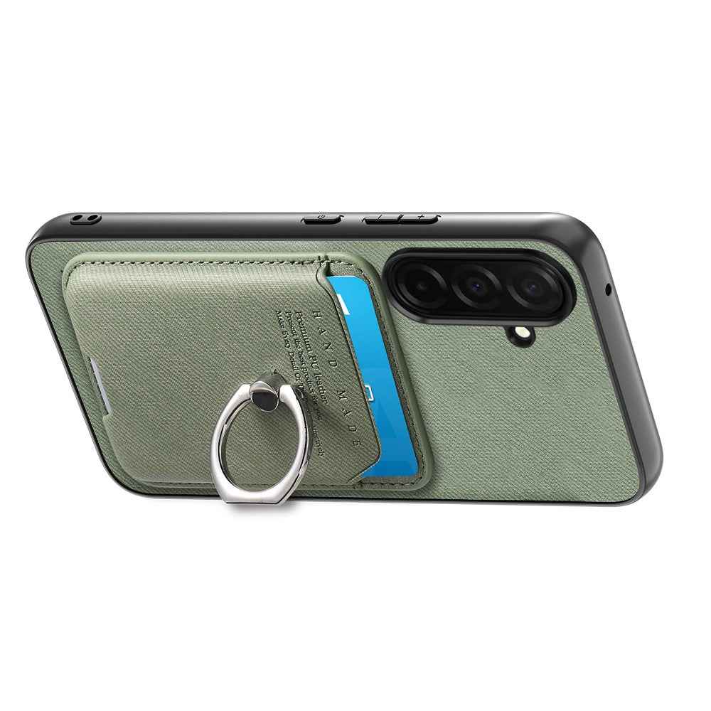 For Samsung Galaxy A57 5G Case Cloth Texture  Leather + PC + TPU Phone Cover with Detachable Magnetic Ring Kickstand Card Holder - Green