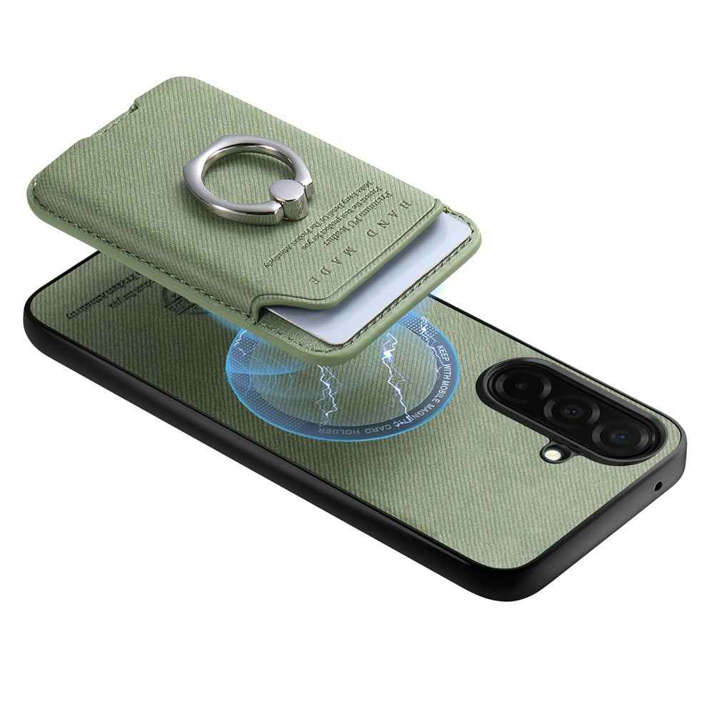 For Samsung Galaxy A57 5G Case Cloth Texture  Leather + PC + TPU Phone Cover with Detachable Magnetic Ring Kickstand Card Holder - Green