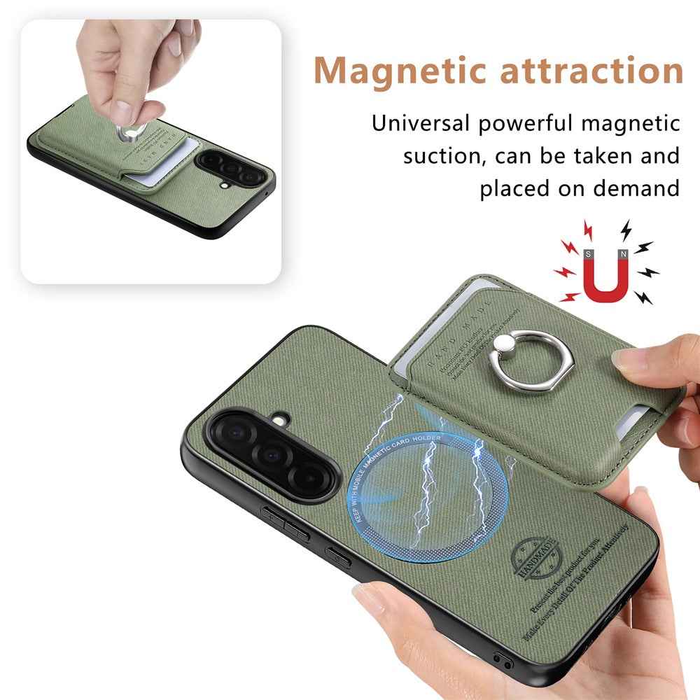 For Samsung Galaxy A57 5G Case Cloth Texture  Leather + PC + TPU Phone Cover with Detachable Magnetic Ring Kickstand Card Holder - Green