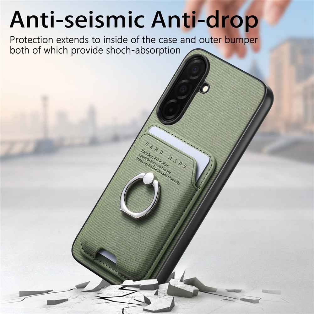 For Samsung Galaxy A57 5G Case Cloth Texture  Leather + PC + TPU Phone Cover with Detachable Magnetic Ring Kickstand Card Holder - Green