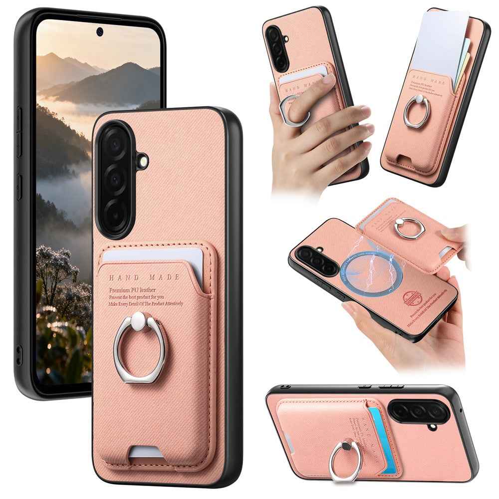 For Samsung Galaxy A57 5G Case Cloth Texture  Leather + PC + TPU Phone Cover with Detachable Magnetic Ring Kickstand Card Holder - Pink