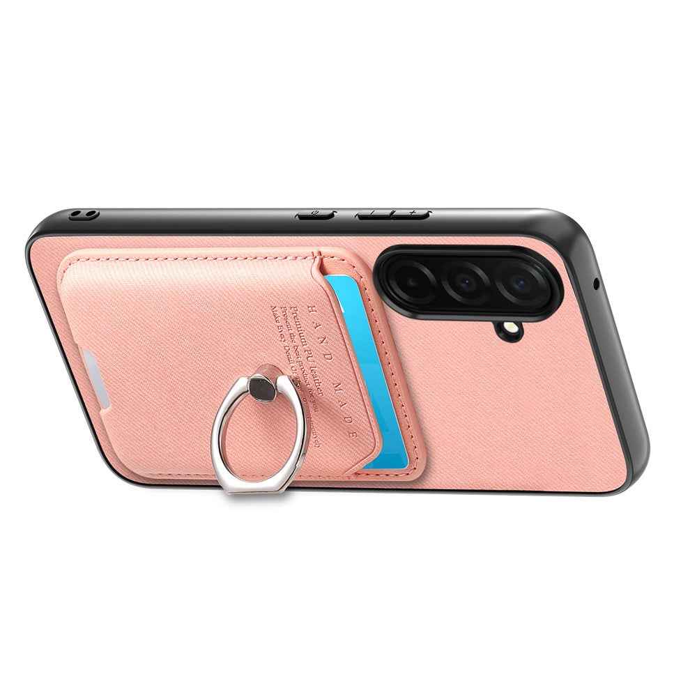For Samsung Galaxy A57 5G Case Cloth Texture  Leather + PC + TPU Phone Cover with Detachable Magnetic Ring Kickstand Card Holder - Pink