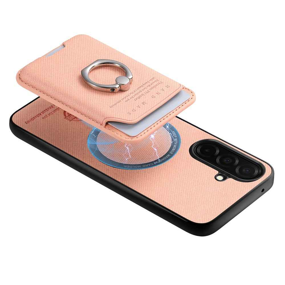 For Samsung Galaxy A57 5G Case Cloth Texture  Leather + PC + TPU Phone Cover with Detachable Magnetic Ring Kickstand Card Holder - Pink