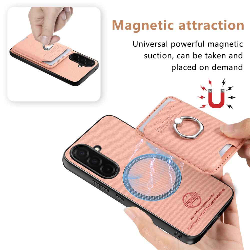 For Samsung Galaxy A57 5G Case Cloth Texture  Leather + PC + TPU Phone Cover with Detachable Magnetic Ring Kickstand Card Holder - Pink