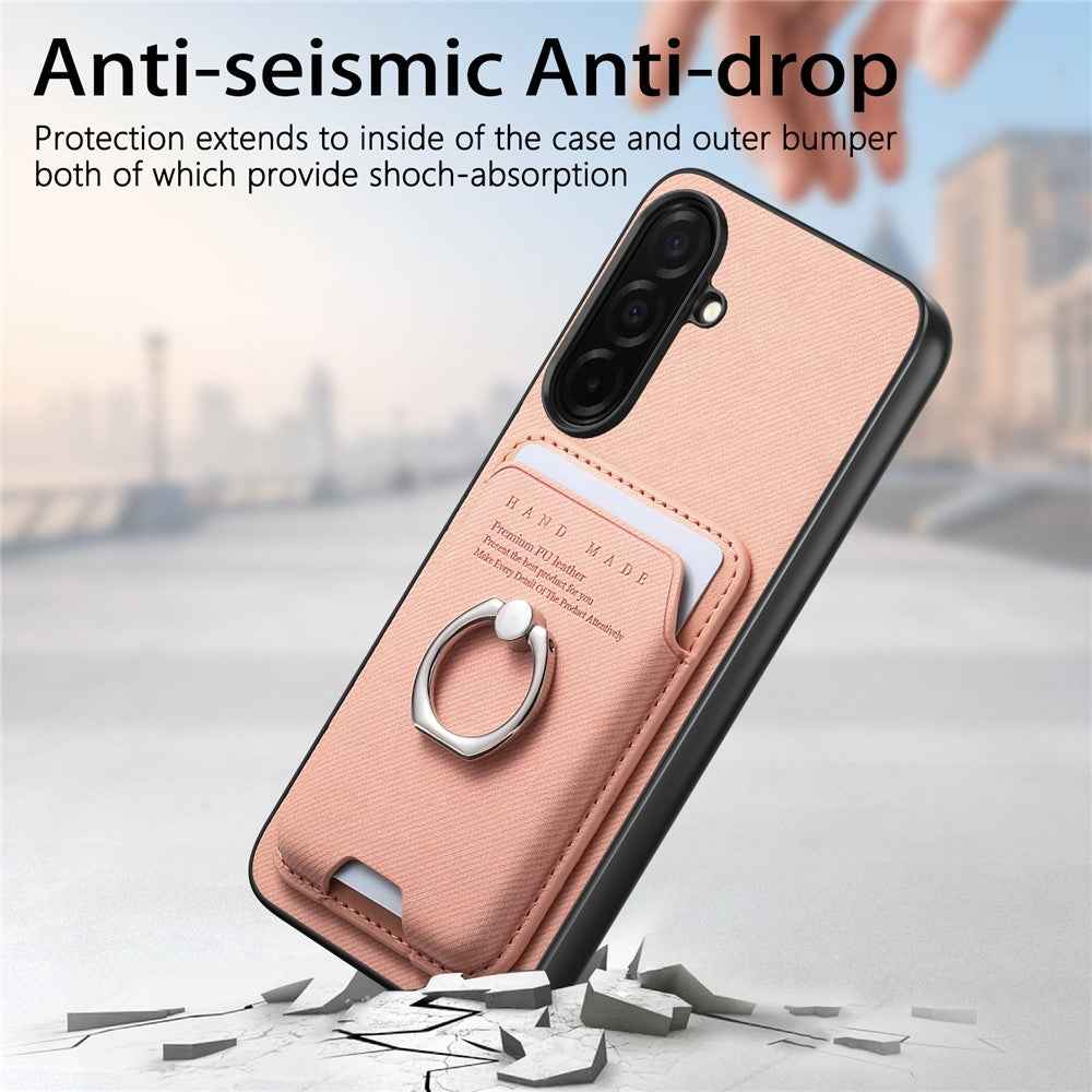 For Samsung Galaxy A57 5G Case Cloth Texture  Leather + PC + TPU Phone Cover with Detachable Magnetic Ring Kickstand Card Holder - Pink