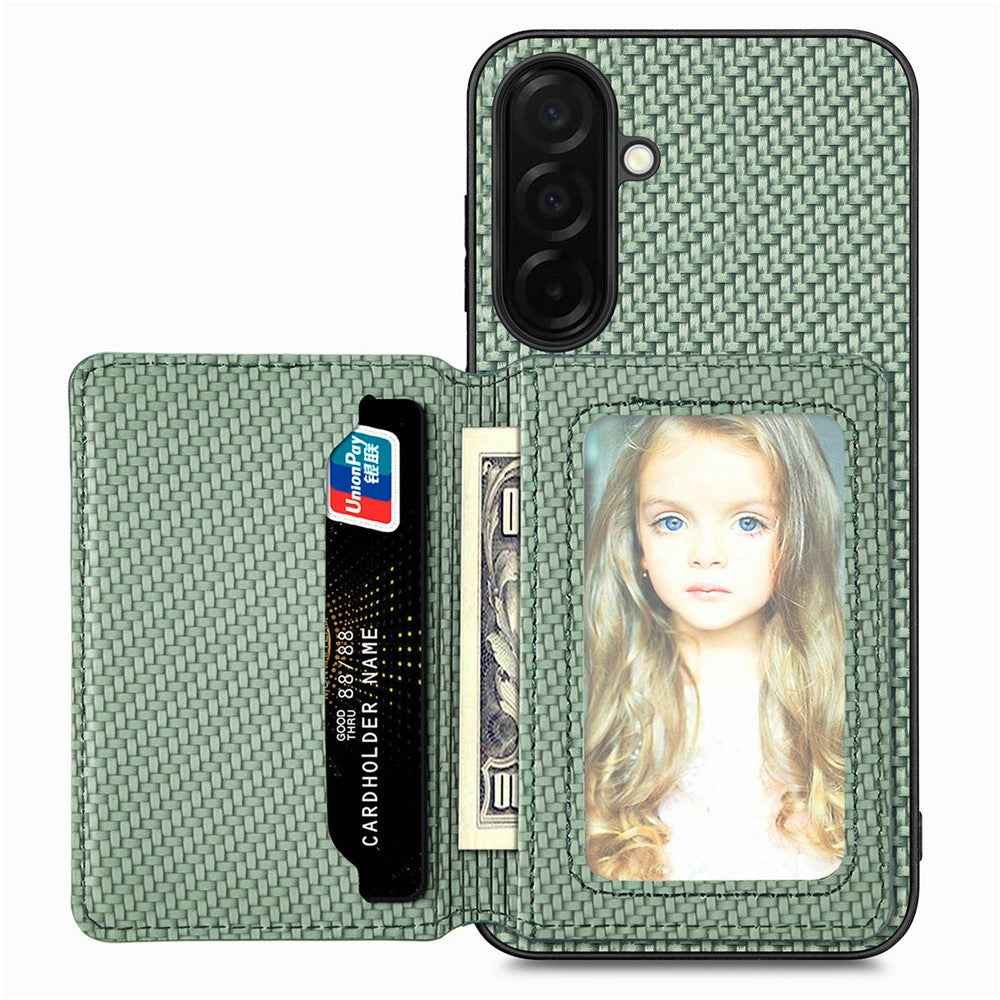 For Samsung Galaxy A57 5G Case RFID Blocking Carbon Fiber Leather Phone Back Cover with Card Holder - Green
