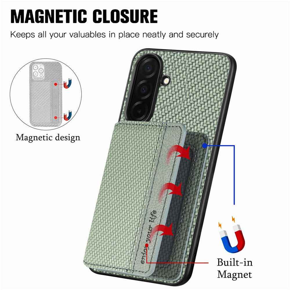 For Samsung Galaxy A57 5G Case RFID Blocking Carbon Fiber Leather Phone Back Cover with Card Holder - Green
