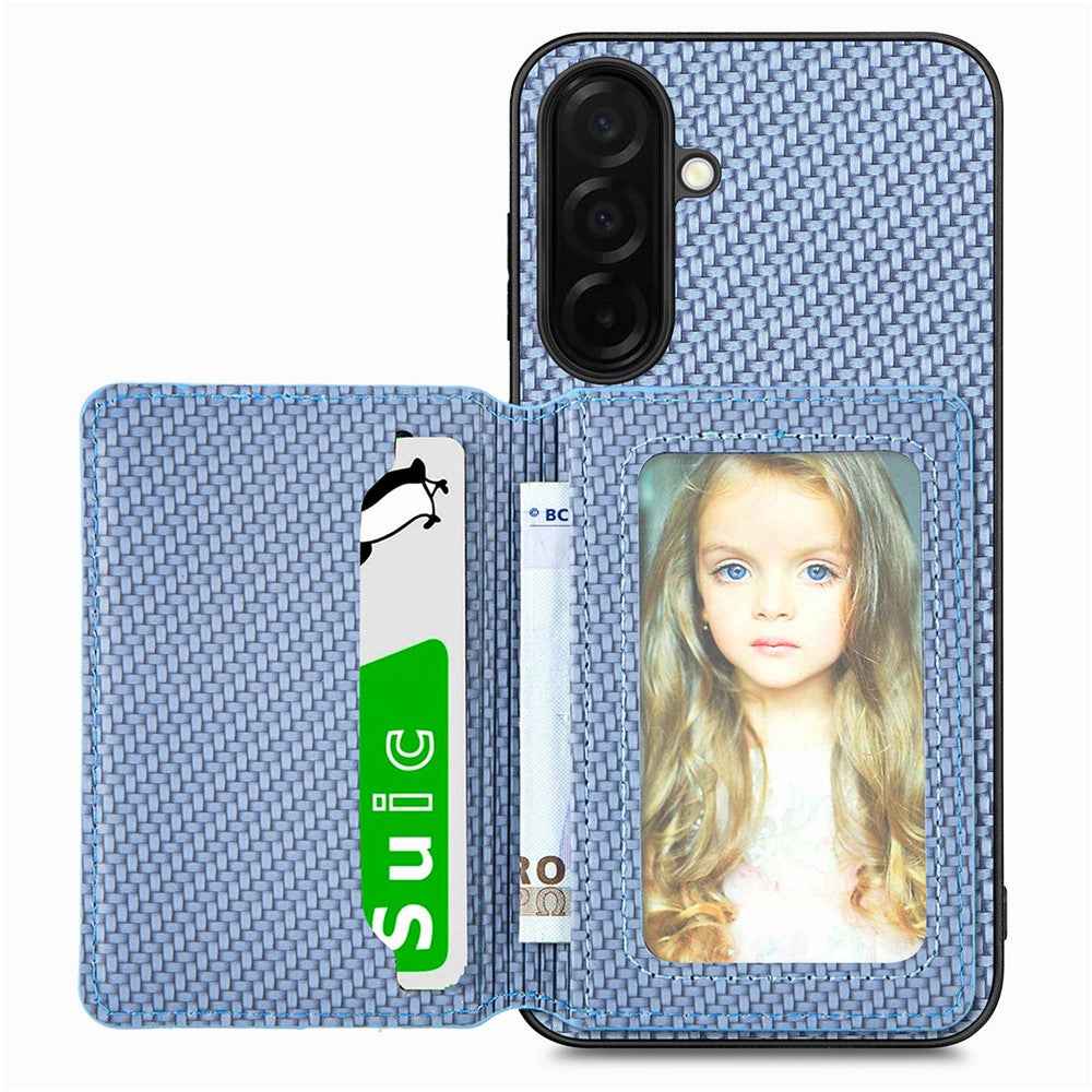 For Samsung Galaxy A57 5G Case RFID Blocking Carbon Fiber Leather Phone Back Cover with Card Holder - Blue