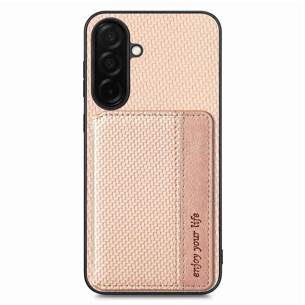 For Samsung Galaxy A57 5G Case RFID Blocking Carbon Fiber Leather Phone Back Cover with Card Holder - Apricot