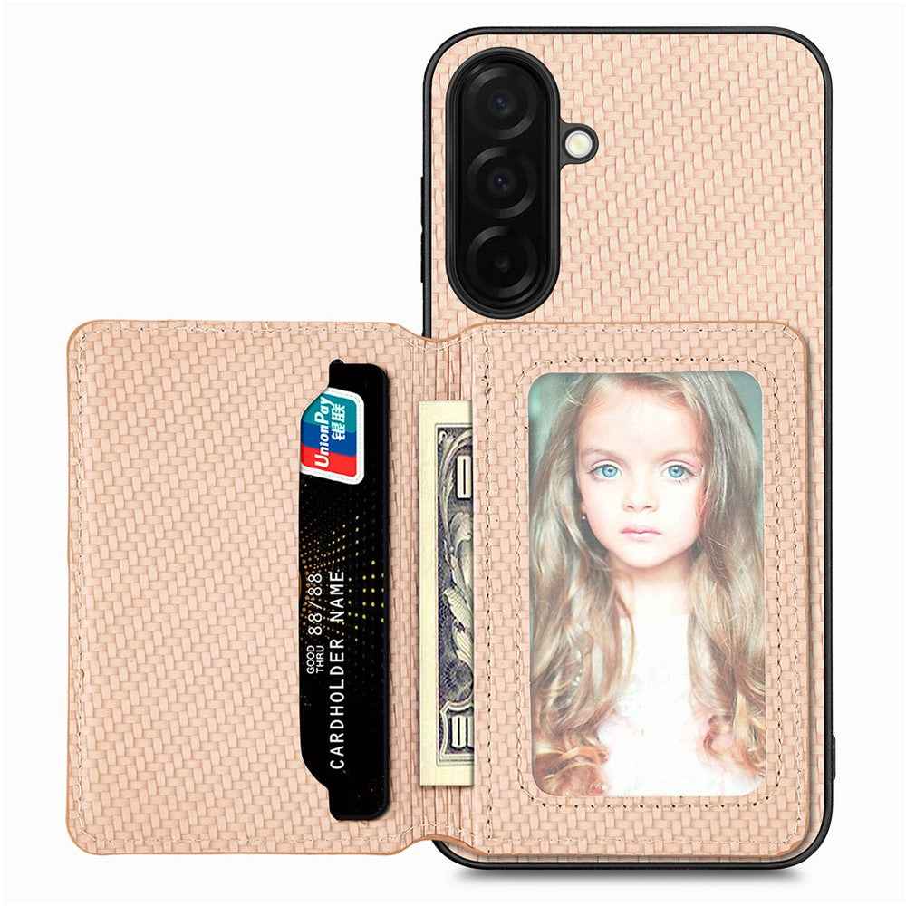 For Samsung Galaxy A57 5G Case RFID Blocking Carbon Fiber Leather Phone Back Cover with Card Holder - Apricot