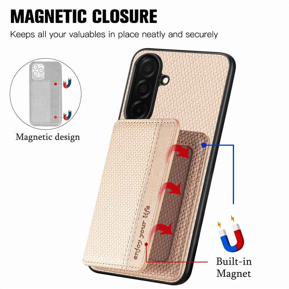 For Samsung Galaxy A57 5G Case RFID Blocking Carbon Fiber Leather Phone Back Cover with Card Holder - Apricot