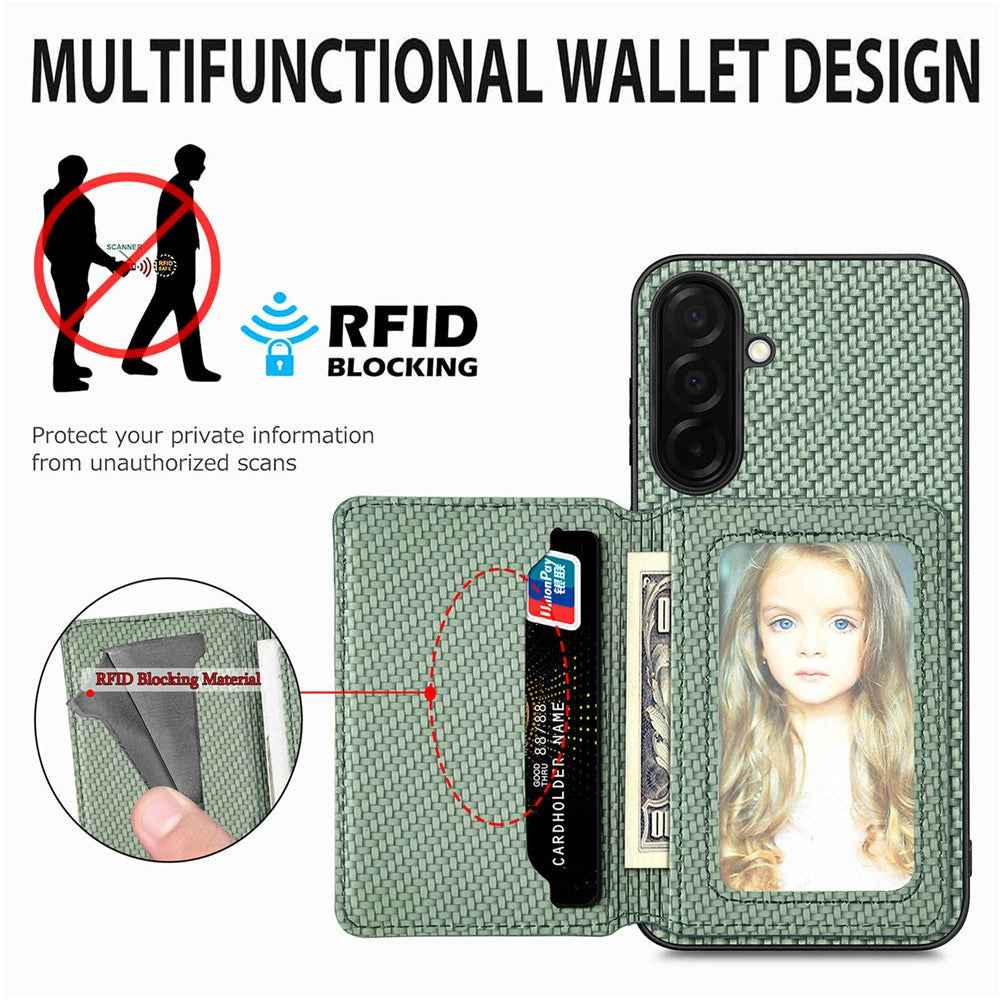 For Samsung Galaxy A57 5G Case RFID Blocking Carbon Fiber Leather Phone Back Cover with Card Holder - Apricot