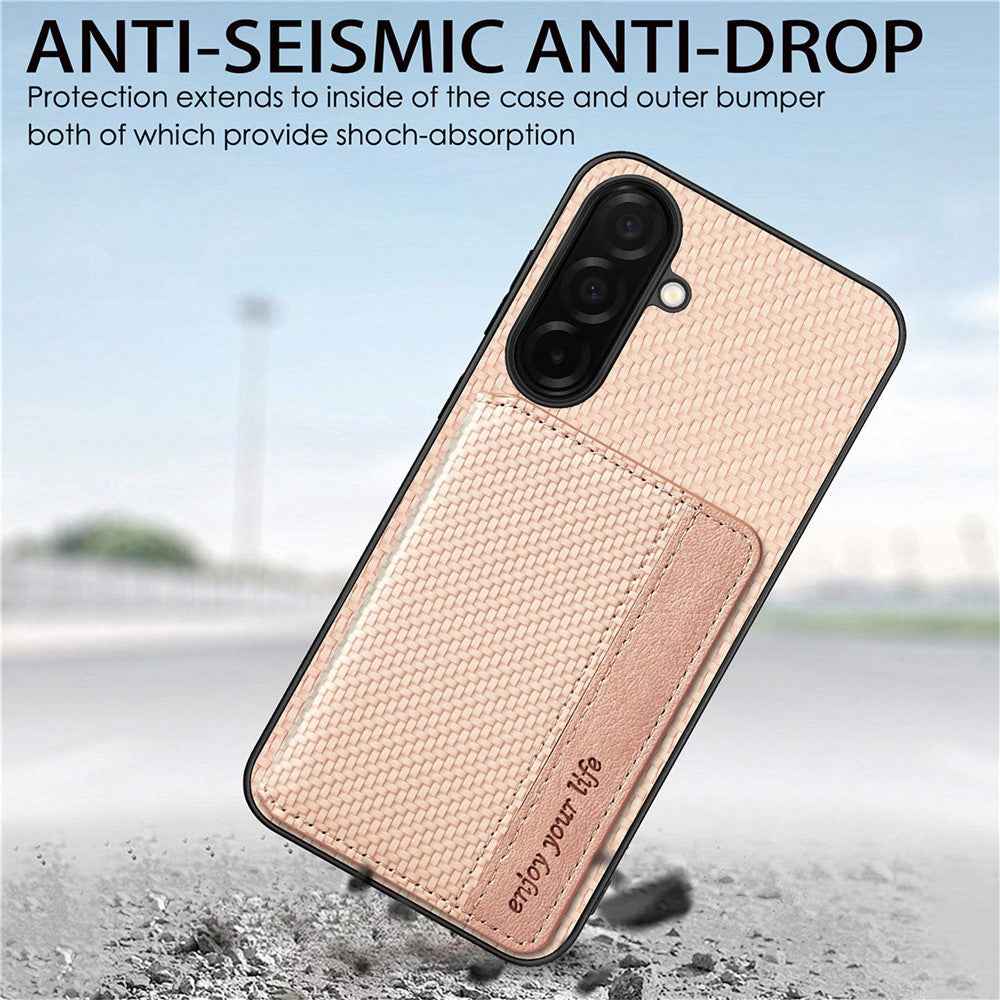 For Samsung Galaxy A57 5G Case RFID Blocking Carbon Fiber Leather Phone Back Cover with Card Holder - Apricot