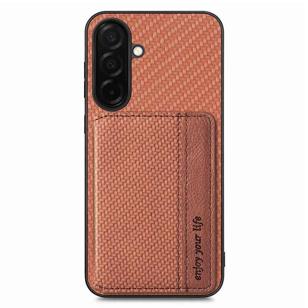 For Samsung Galaxy A57 5G Case RFID Blocking Carbon Fiber Leather Phone Back Cover with Card Holder - Brown