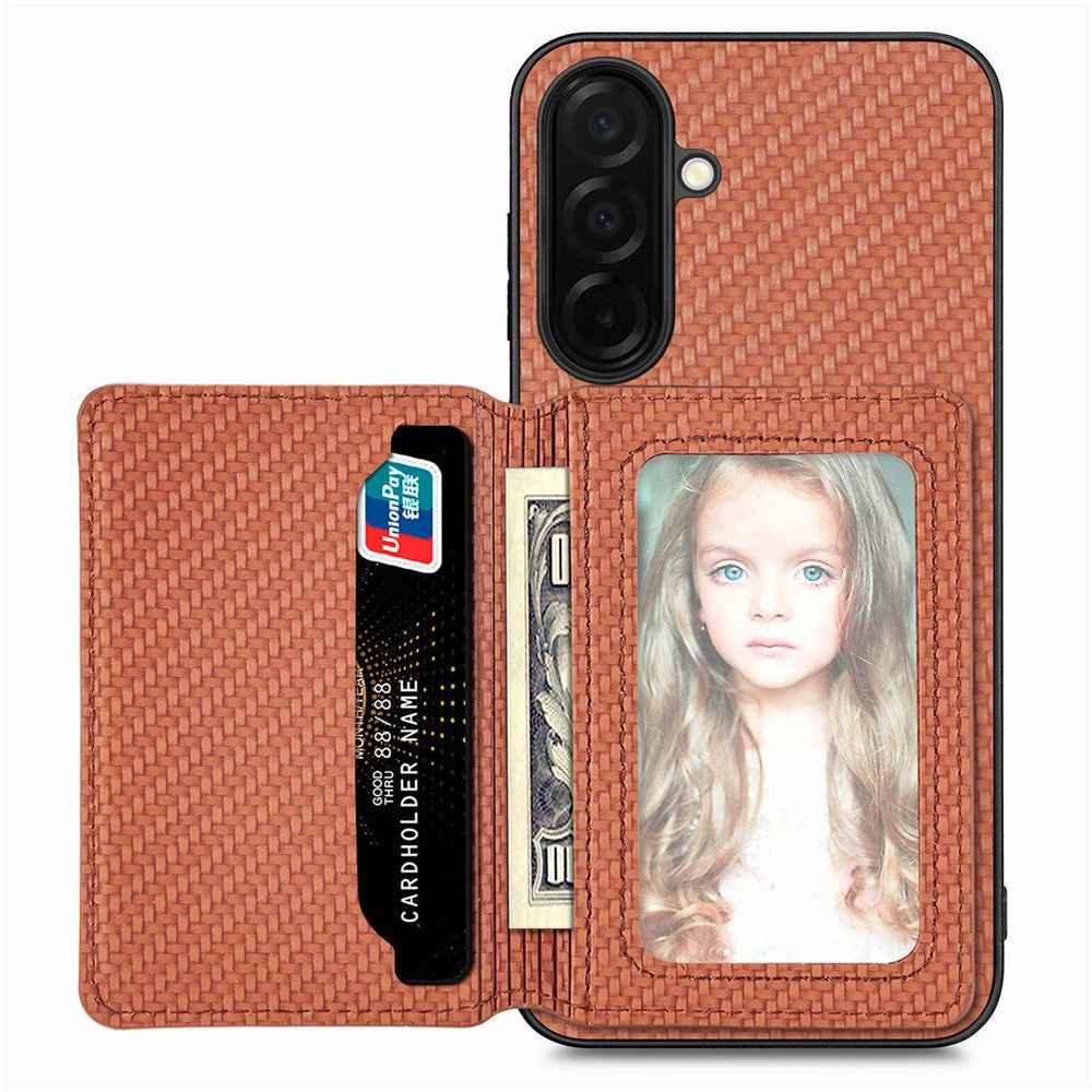 For Samsung Galaxy A57 5G Case RFID Blocking Carbon Fiber Leather Phone Back Cover with Card Holder - Brown