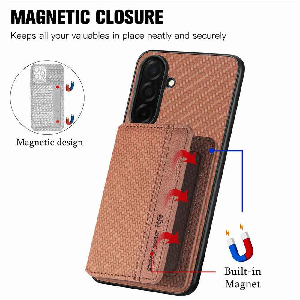 For Samsung Galaxy A57 5G Case RFID Blocking Carbon Fiber Leather Phone Back Cover with Card Holder - Brown