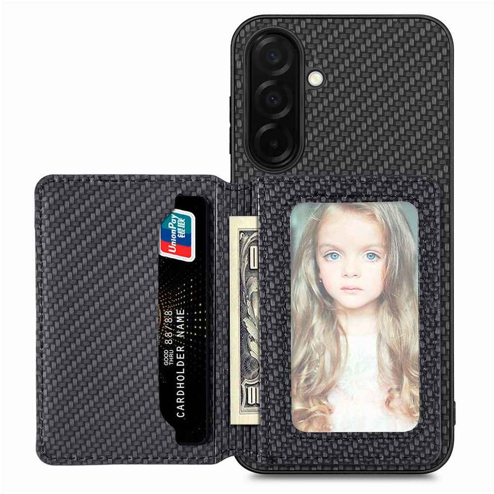 For Samsung Galaxy A57 5G Case RFID Blocking Carbon Fiber Leather Phone Back Cover with Card Holder - Black