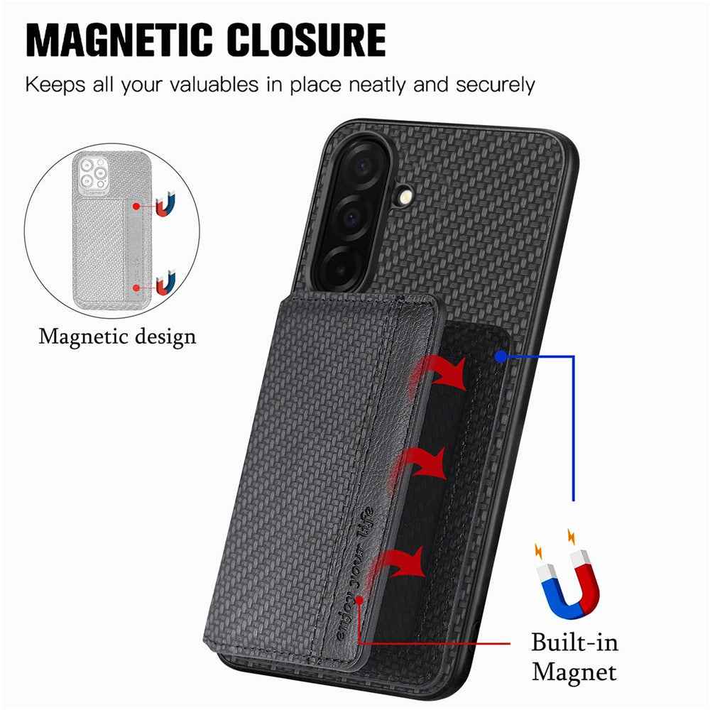 For Samsung Galaxy A57 5G Case RFID Blocking Carbon Fiber Leather Phone Back Cover with Card Holder - Black