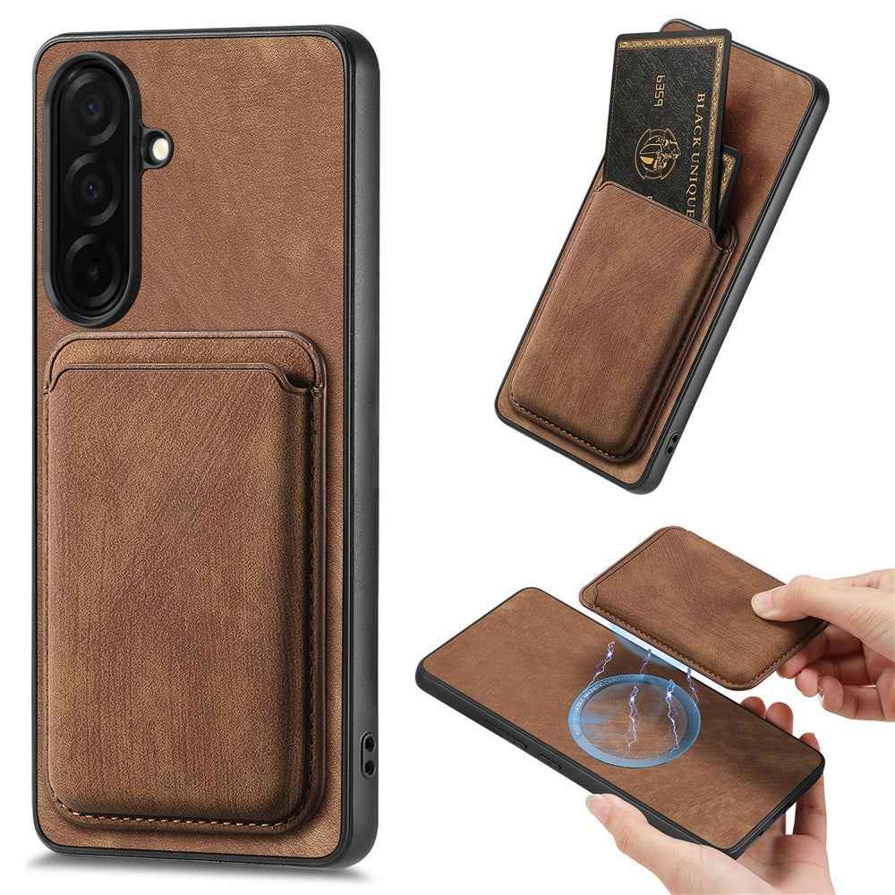 For Samsung Galaxy A57 5G Magnetic Case Retro Leather + TPU Phone Cover with Detachable Card Slot - Brown