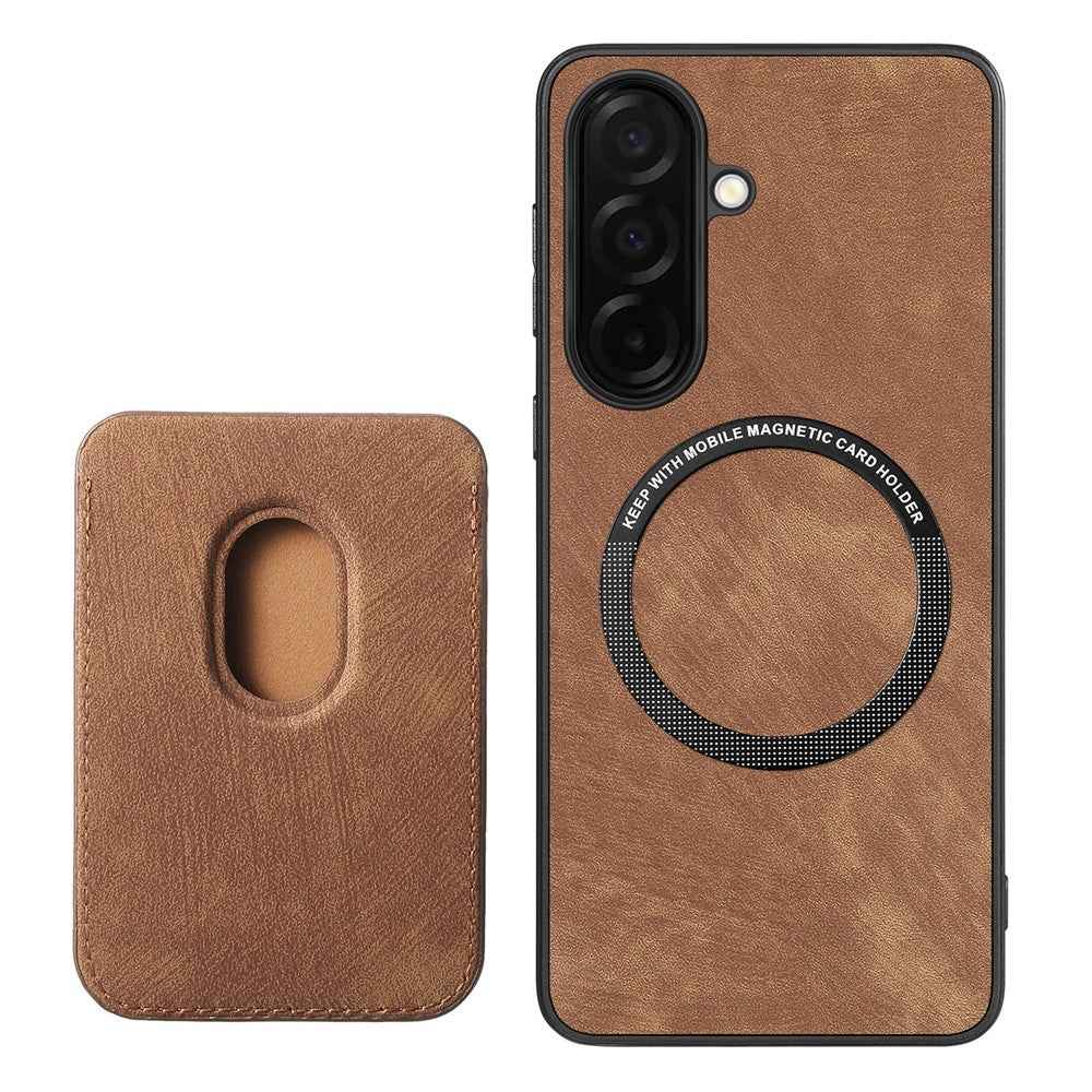 For Samsung Galaxy A57 5G Magnetic Case Retro Leather + TPU Phone Cover with Detachable Card Slot - Brown