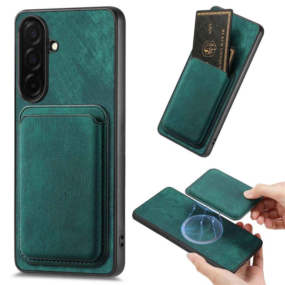 For Samsung Galaxy A57 5G Magnetic Case Retro Leather + TPU Phone Cover with Detachable Card Slot - Green