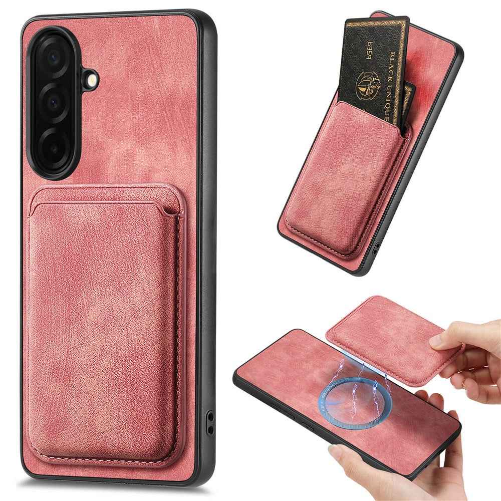 For Samsung Galaxy A57 5G Magnetic Case Retro Leather + TPU Phone Cover with Detachable Card Slot - Pink