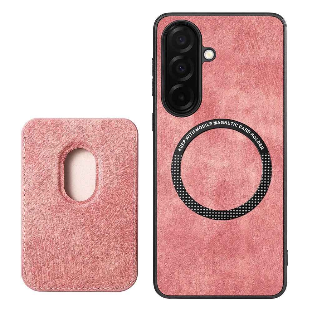 For Samsung Galaxy A57 5G Magnetic Case Retro Leather + TPU Phone Cover with Detachable Card Slot - Pink