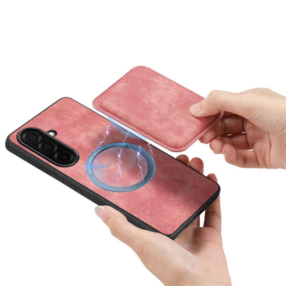 For Samsung Galaxy A57 5G Magnetic Case Retro Leather + TPU Phone Cover with Detachable Card Slot - Pink