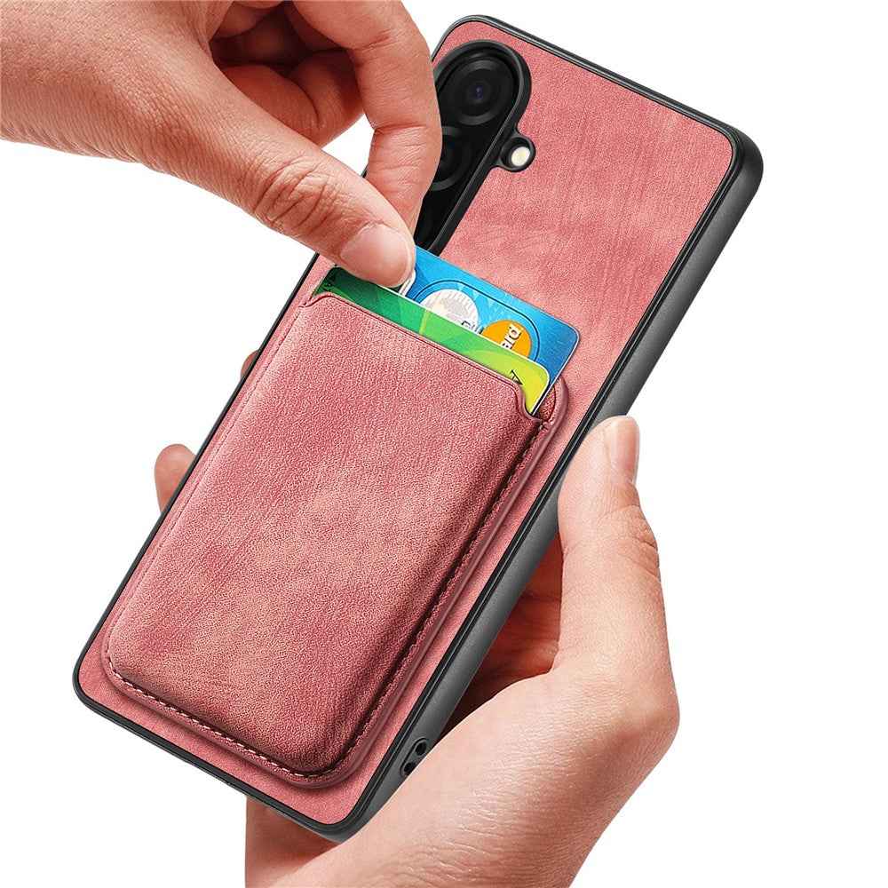 For Samsung Galaxy A57 5G Magnetic Case Retro Leather + TPU Phone Cover with Detachable Card Slot - Pink