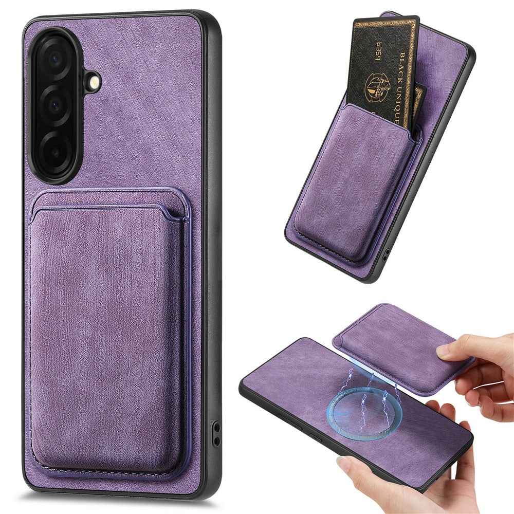 For Samsung Galaxy A57 5G Magnetic Case Retro Leather + TPU Phone Cover with Detachable Card Slot - Purple
