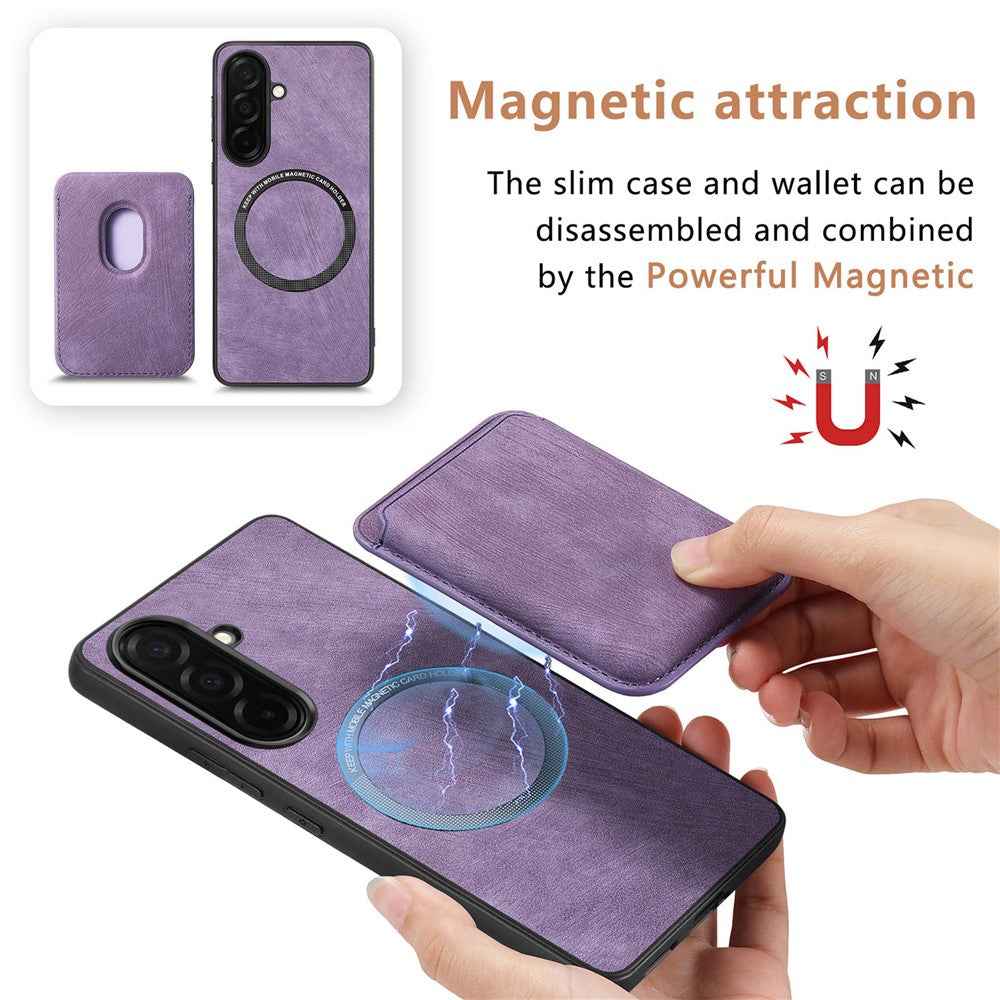 For Samsung Galaxy A57 5G Magnetic Case Retro Leather + TPU Phone Cover with Detachable Card Slot - Purple