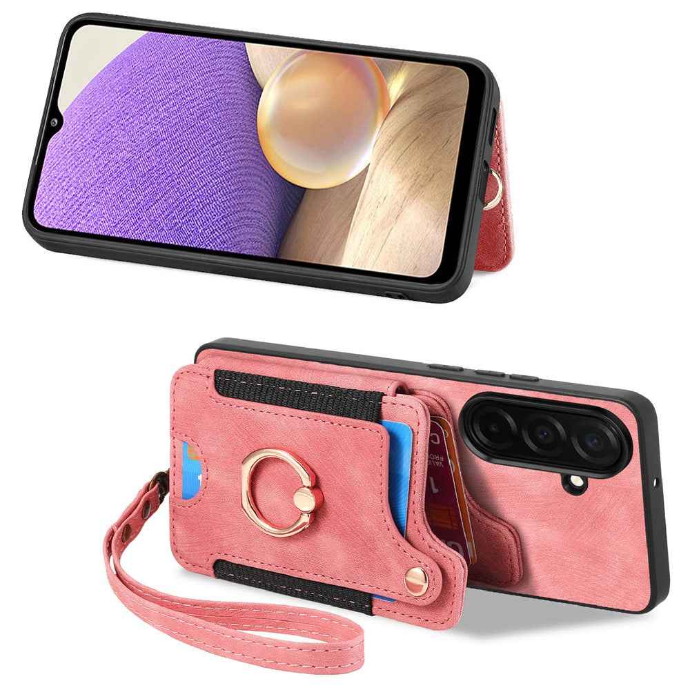 For Samsung Galaxy A57 5G Retro PU Leather Case Phone Cover with RFID Blocking Card Holder  /  Ring Holder - Pink