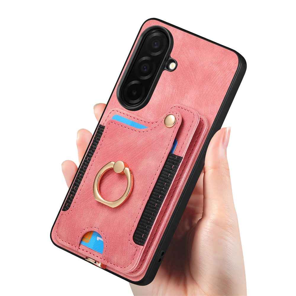 For Samsung Galaxy A57 5G Retro PU Leather Case Phone Cover with RFID Blocking Card Holder  /  Ring Holder - Pink