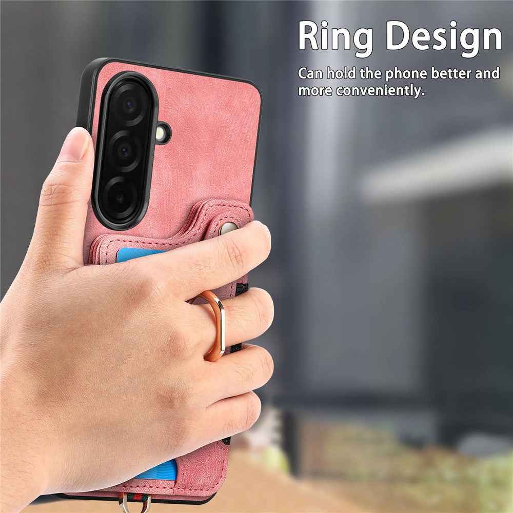 For Samsung Galaxy A57 5G Retro PU Leather Case Phone Cover with RFID Blocking Card Holder  /  Ring Holder - Pink